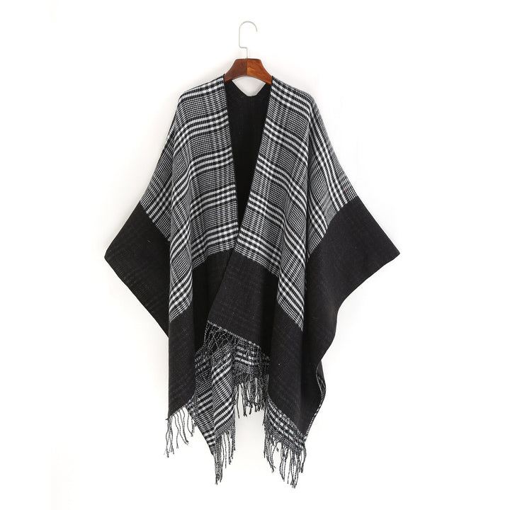 Dam Oversize Ruana med Glencheck Jacquard och Fringed fåll