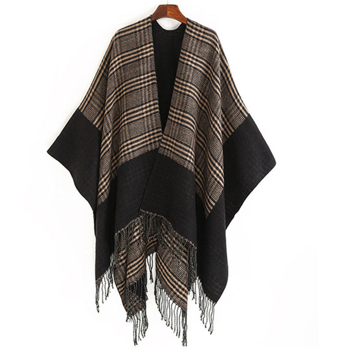 Dam Oversize Ruana med Glencheck Jacquard och Fringed fåll