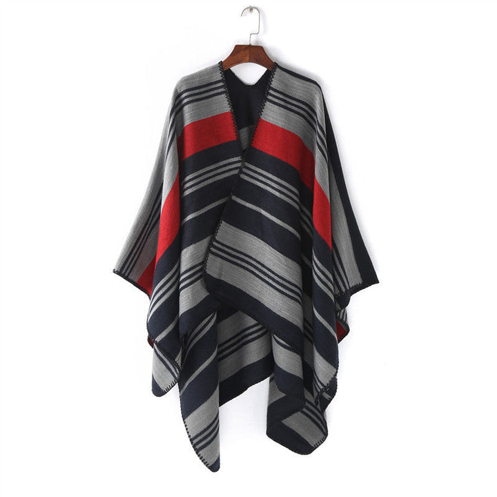 Dam Oversize Ruana Wrap med randig Jacquard och Decorative Stitch Edge
