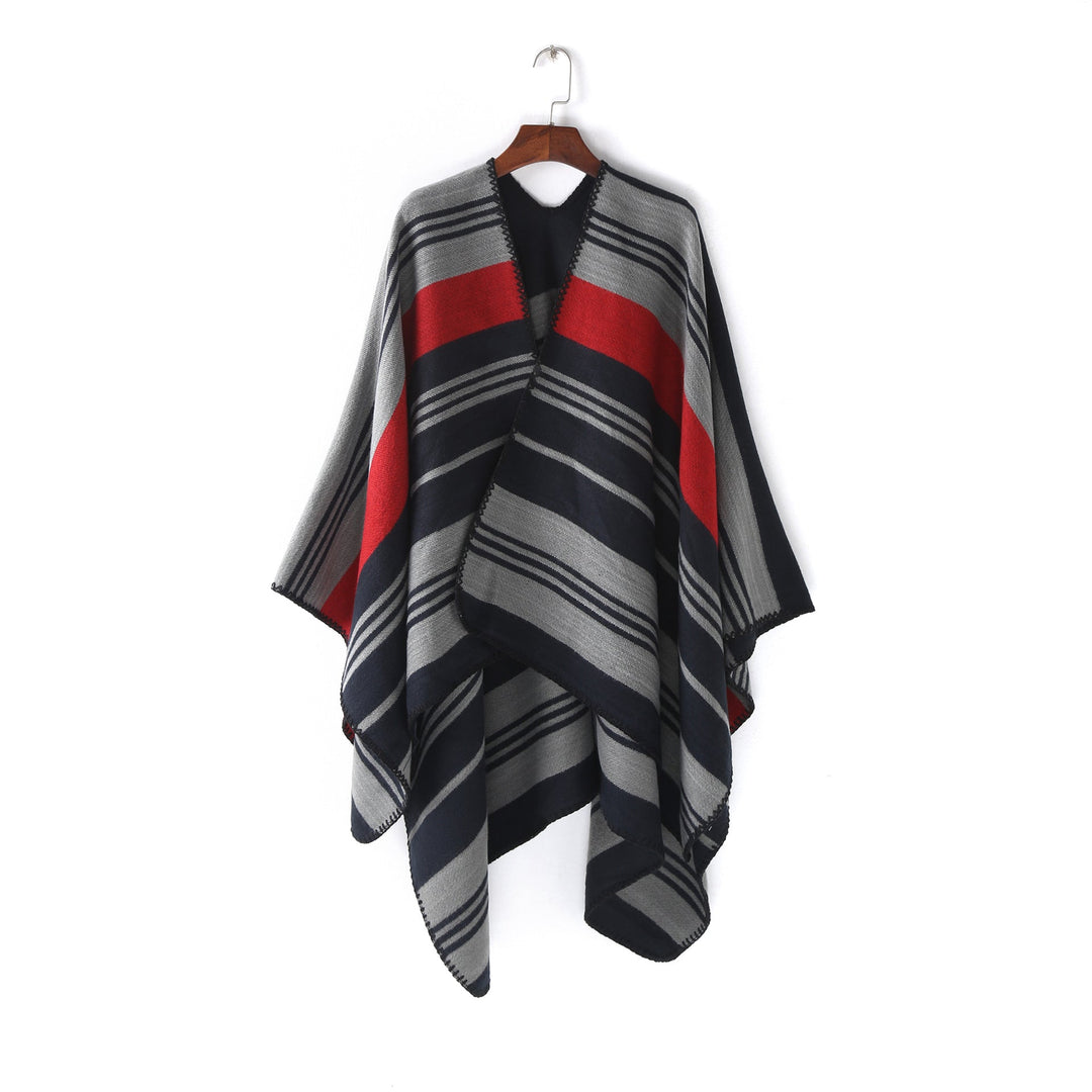 Dam Oversize Ruana Wrap med randig Jacquard och Decorative Stitch Edge