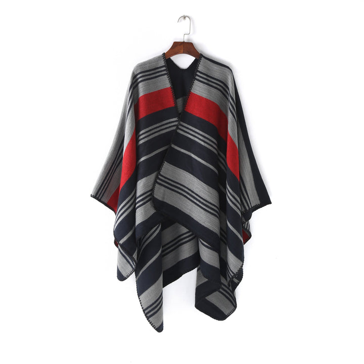 Dam Oversize Ruana Wrap med randig Jacquard och Decorative Stitch Edge