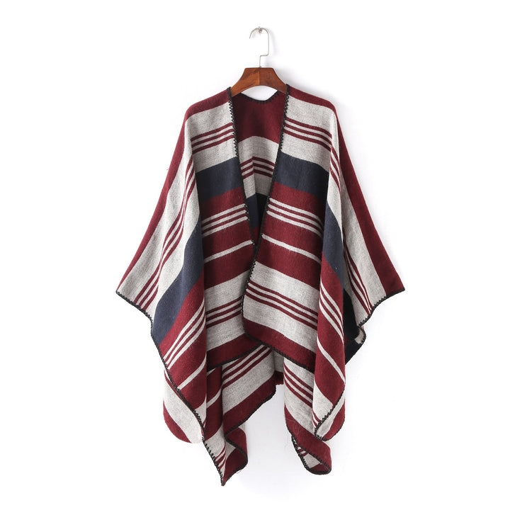 Dam Oversize Ruana Wrap med randig Jacquard och Decorative Stitch Edge