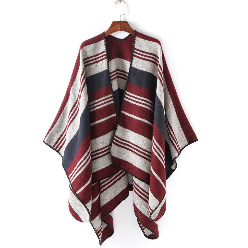 Dam Oversize Ruana Wrap med randig Jacquard och Decorative Stitch Edge