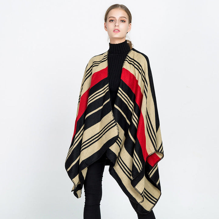 Dam Oversize Ruana Wrap med randig Jacquard och Decorative Stitch Edge