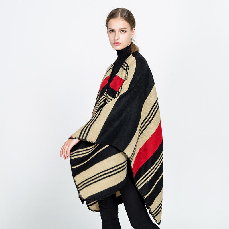 Dam Oversize Ruana Wrap med randig Jacquard och Decorative Stitch Edge
