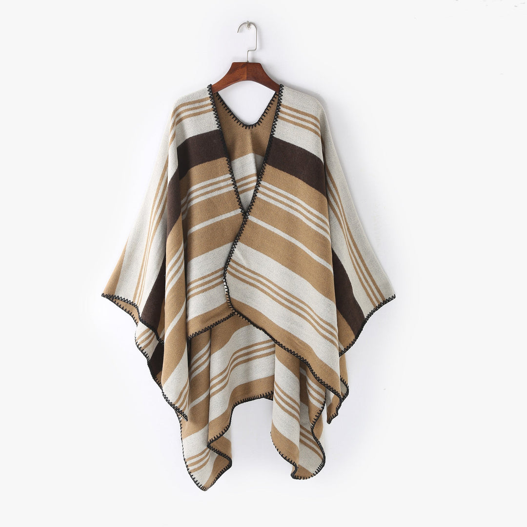 Dam Oversize Ruana Wrap med randig Jacquard och Decorative Stitch Edge