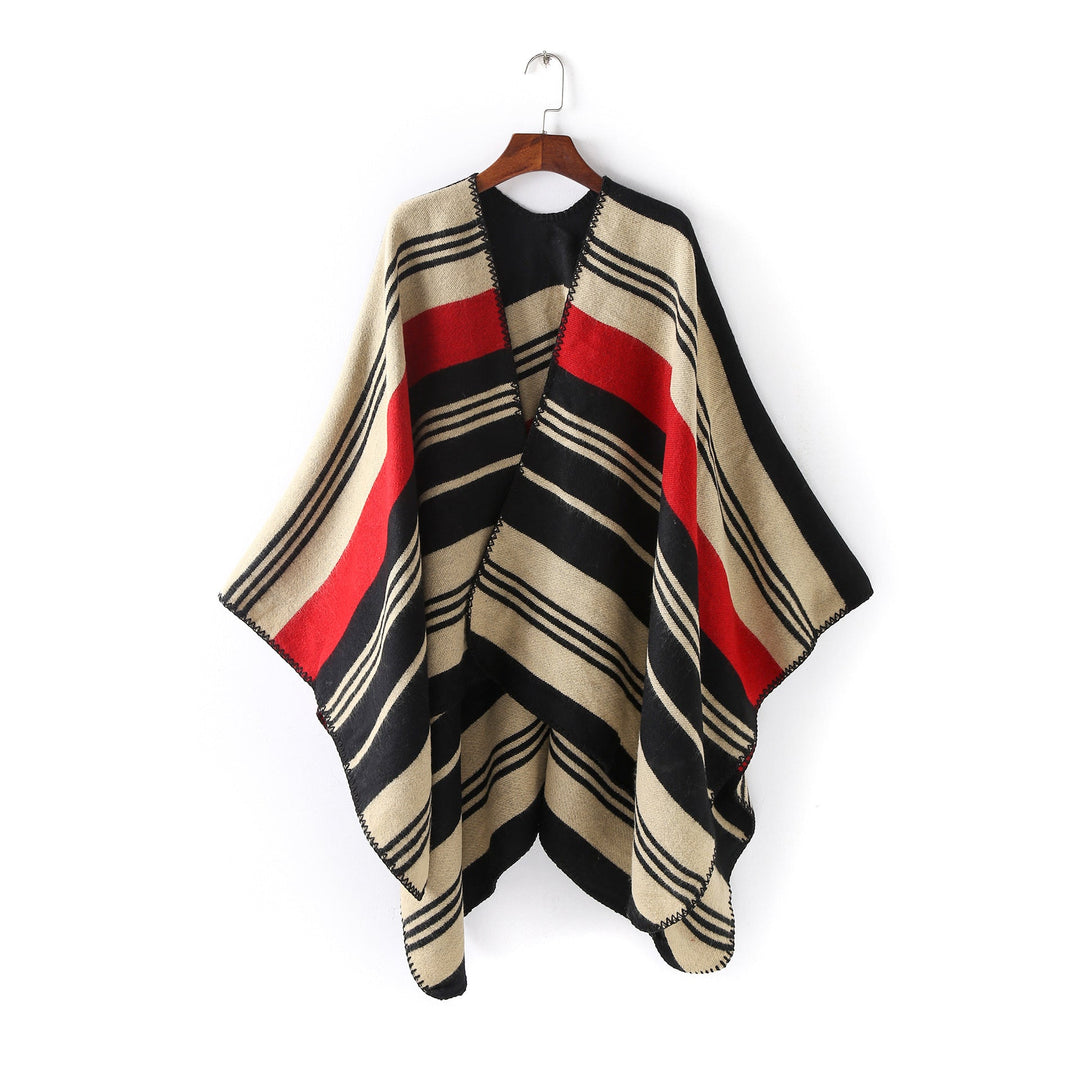 Dam Oversize Ruana Wrap med randig Jacquard och Decorative Stitch Edge