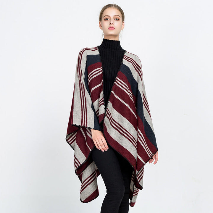 Dam Oversize Ruana Wrap med randig Jacquard och Decorative Stitch Edge