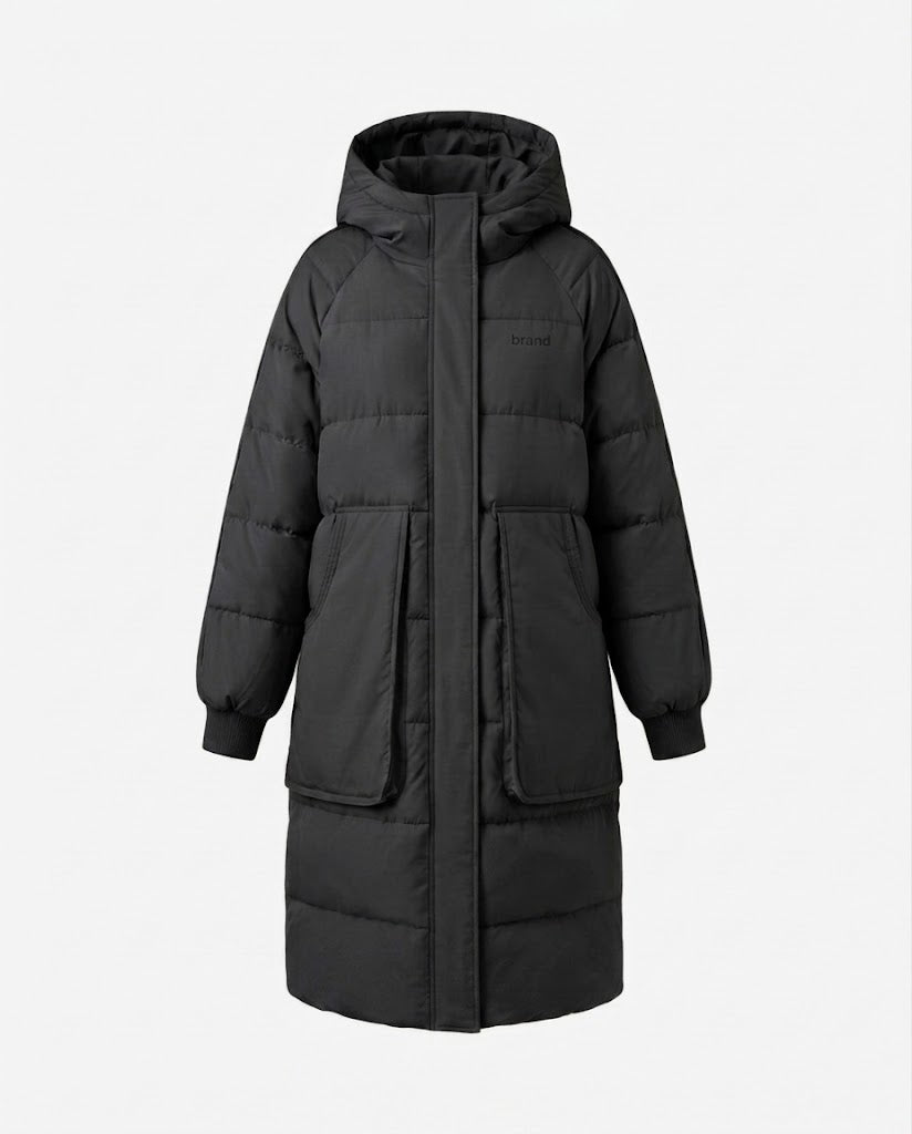 Dam Longer Vadderad med Huva Kappa med Oversize Patch Fickor, Elastic Muddar, och Dold Two-Way Dragkedja