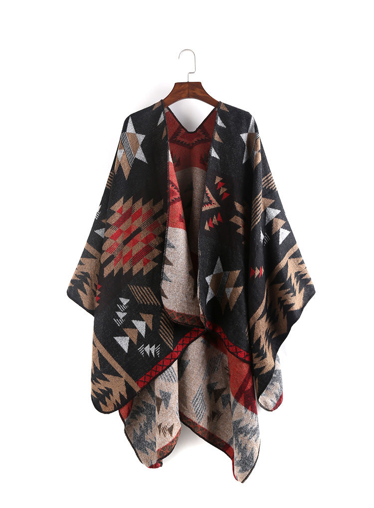 Dam Oversize Ruana poncho med Aztec Jacquard och Open kimono Fall