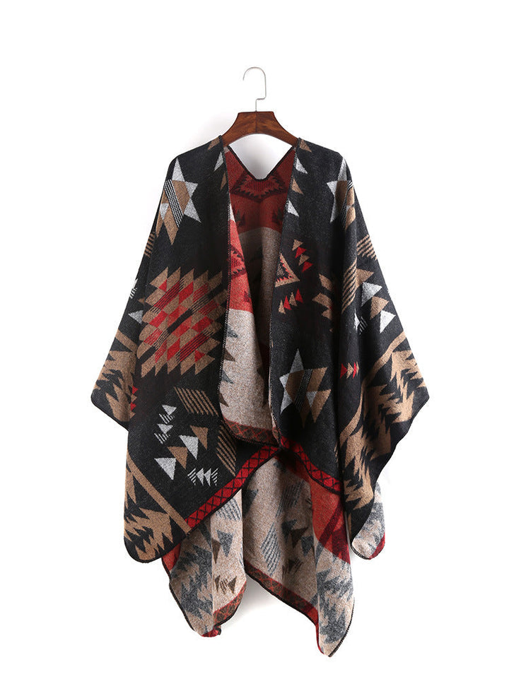 Dam Oversize Ruana poncho med Aztec Jacquard och Open kimono Fall