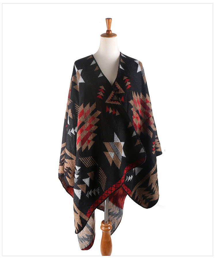 Dam Oversize Ruana poncho med Aztec Jacquard och Open kimono Fall