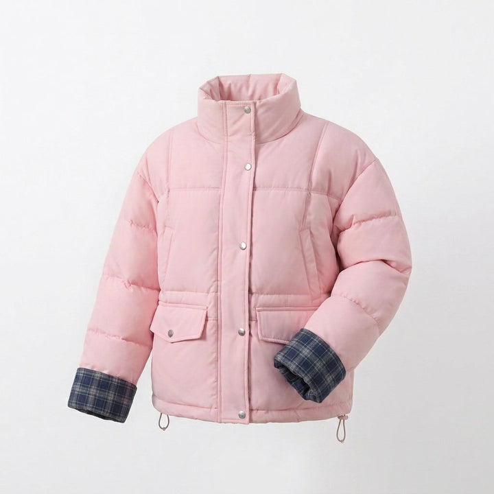 Dam Kort Vadderad Boxig Blouson med Checked Foder, Hög Krage och Patch Lock Fickor