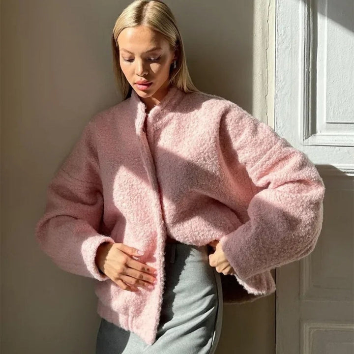 | Dam Boucle Teddy bomberjacka rosa med dragkedja