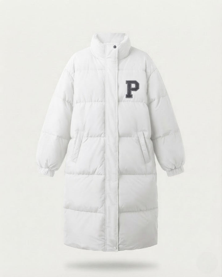 Dam Longer Boxig Thermo Puffer med Hög Stå Krage, College Patch, och Noise-Reducing Outer Shell