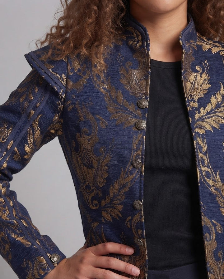 Dam Luxurious Jacquard jacka med Intricate broderi