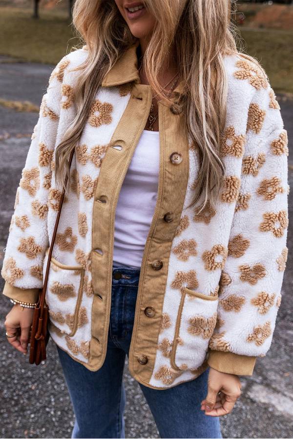 | French Beige Sweet Floral Mönster knäppslå Fleece Jacka