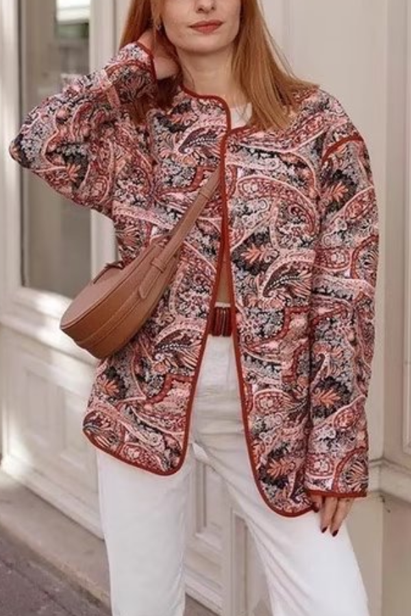 | Tryck Lös V-Neck Cardigan Bomull Jacka