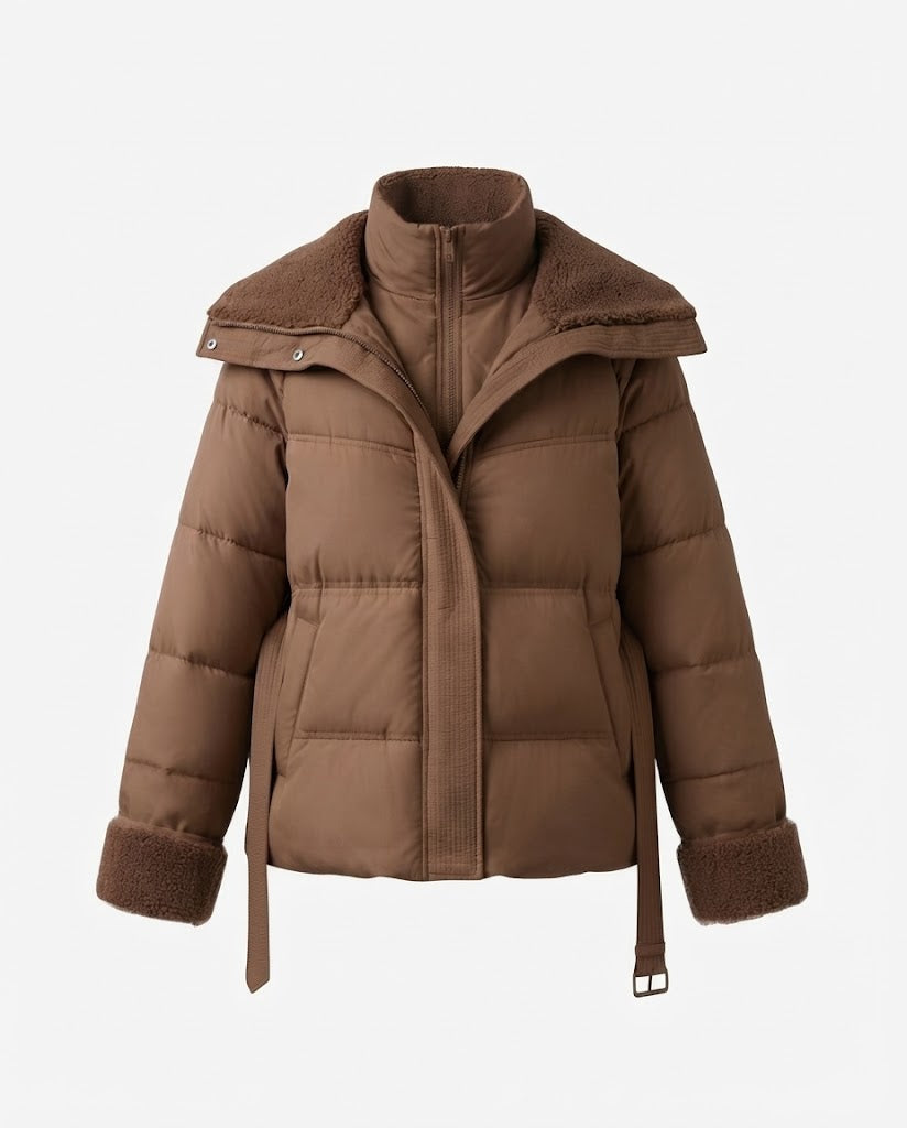 Dam Kort Vadderad Quiltad Parka med Voluminous Teddy Krage, Fitted Belt, och Dold Dragkedja