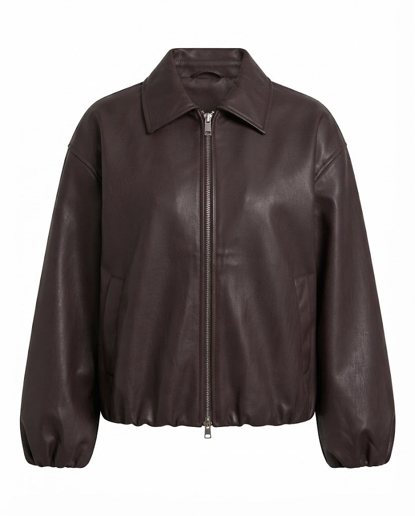 Dam Oversized Läder Look Blouson med Skjortkrage, Dragkedja och Elastic Fåll
