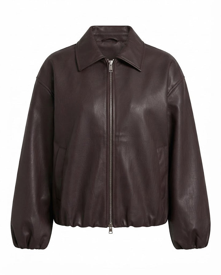 Dam Oversized Läder Look Blouson med Skjortkrage, Dragkedja och Elastic Fåll
