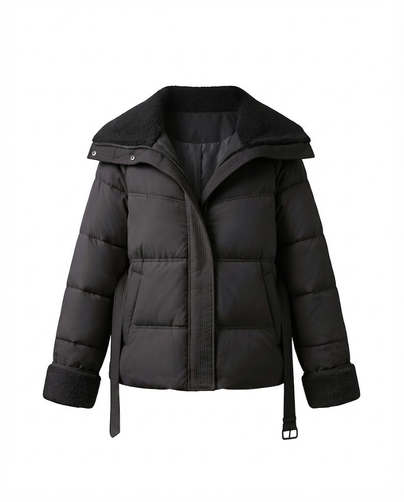 Dam Kort Vadderad Quiltad Parka med Voluminous Teddy Krage, Fitted Belt, och Dold Dragkedja