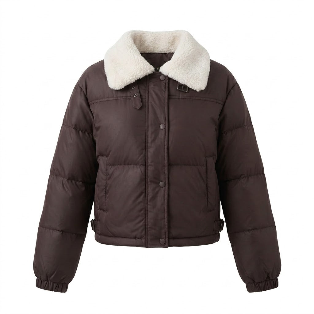 Dam Kort Vadderad Puffer med Teddy Krage, Dold Tryckknapp Knapp Knäppning och Travel Insulation