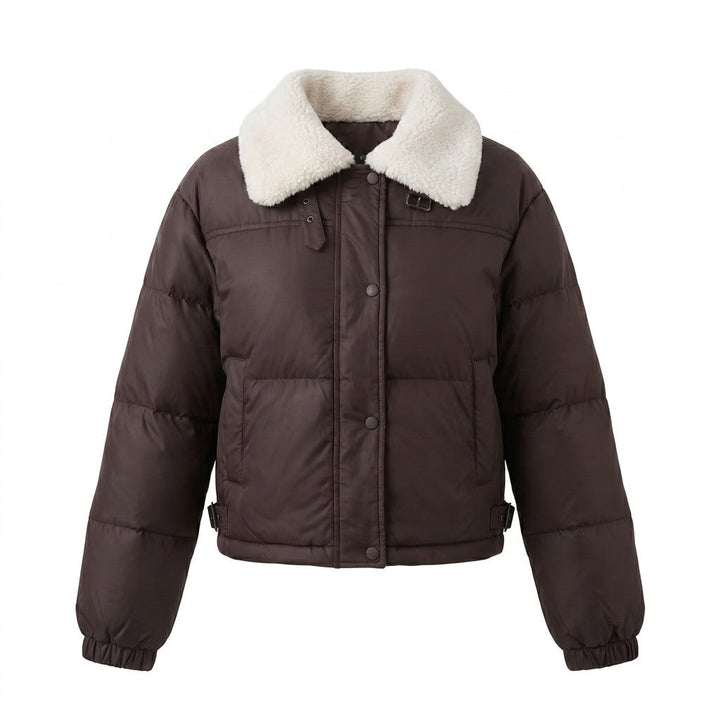 Dam Kort Vadderad Puffer med Teddy Krage, Dold Tryckknapp Knapp Knäppning och Travel Insulation