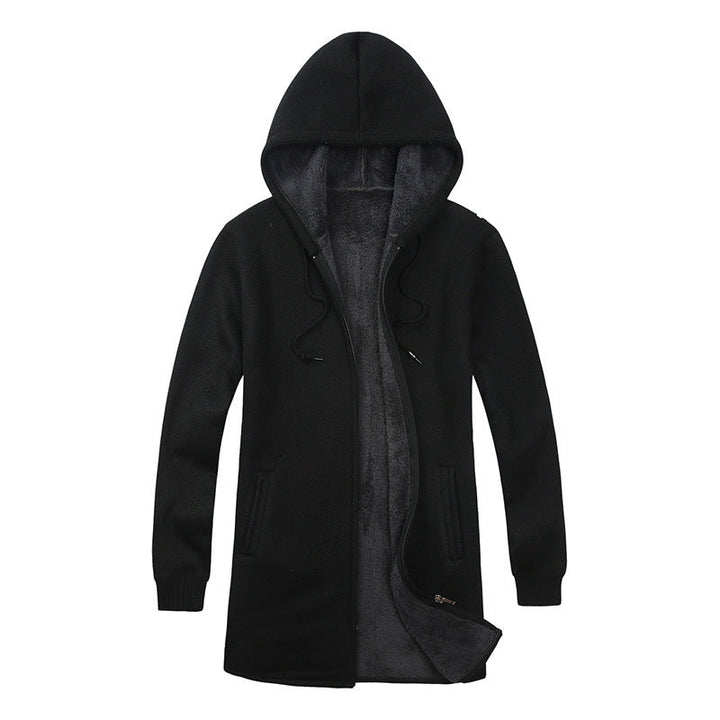 Herr Lång med Huva Stickad Cardigan med Värmande Teddy Fleece Foder, Dragsko och Utanpåfickor