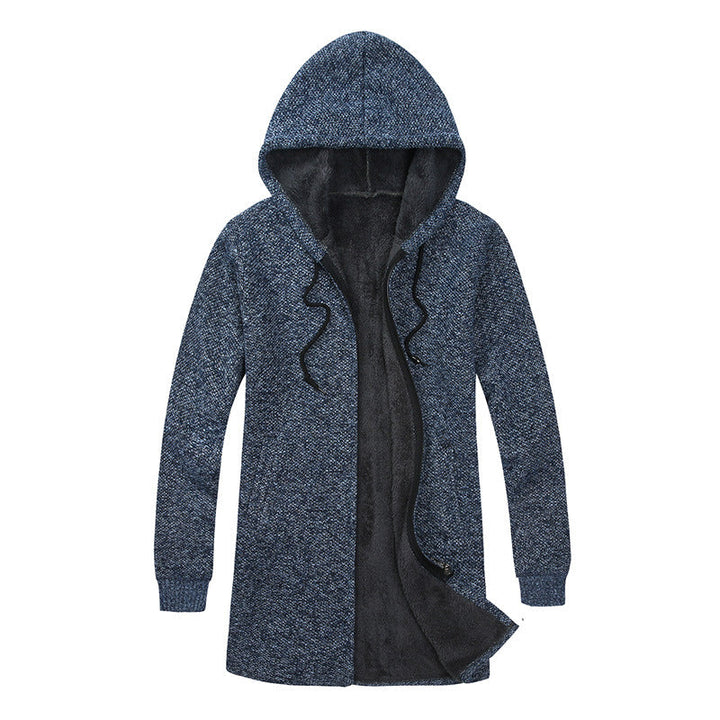 Herr Lång med Huva Stickad Cardigan med Värmande Teddy Fleece Foder, Dragsko och Utanpåfickor