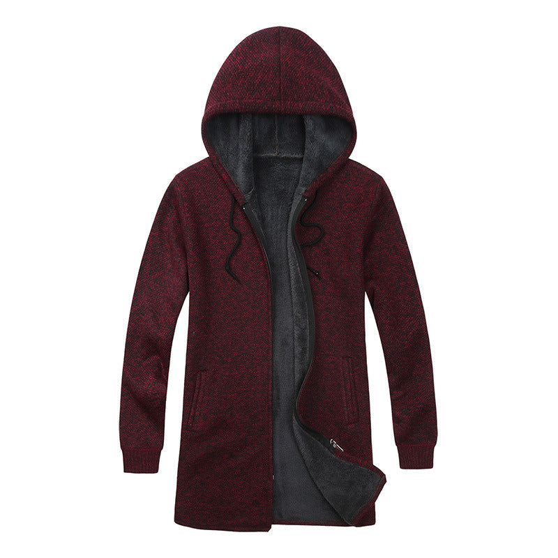 Herr Lång med Huva Stickad Cardigan med Värmande Teddy Fleece Foder, Dragsko och Utanpåfickor