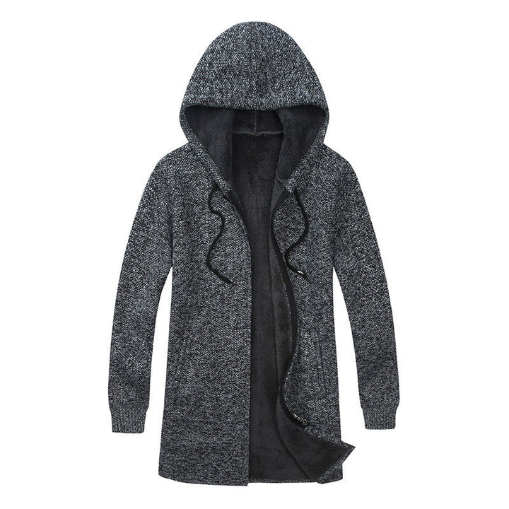 Herr Lång med Huva Stickad Cardigan med Värmande Teddy Fleece Foder, Dragsko och Utanpåfickor
