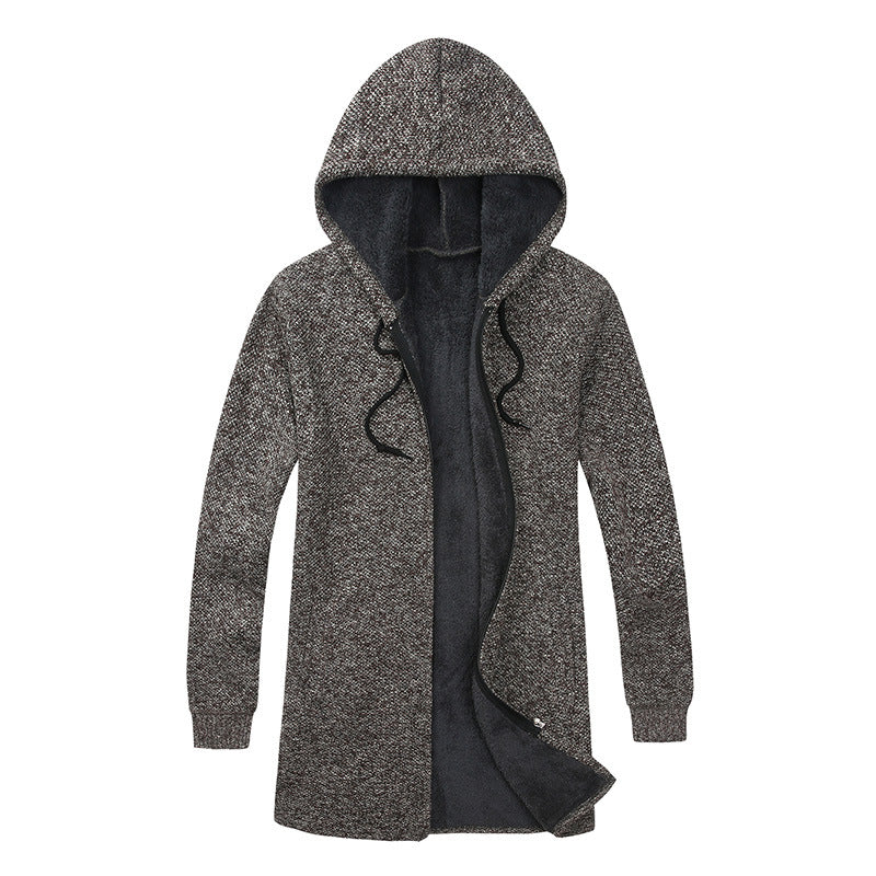 Herr Lång med Huva Stickad Cardigan med Värmande Teddy Fleece Foder, Dragsko och Utanpåfickor