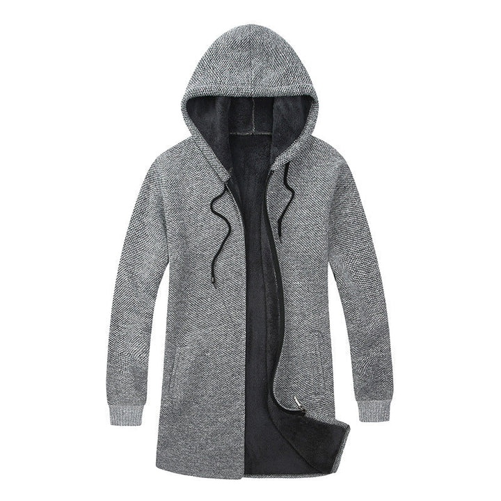 Herr Lång med Huva Stickad Cardigan med Värmande Teddy Fleece Foder, Dragsko och Utanpåfickor