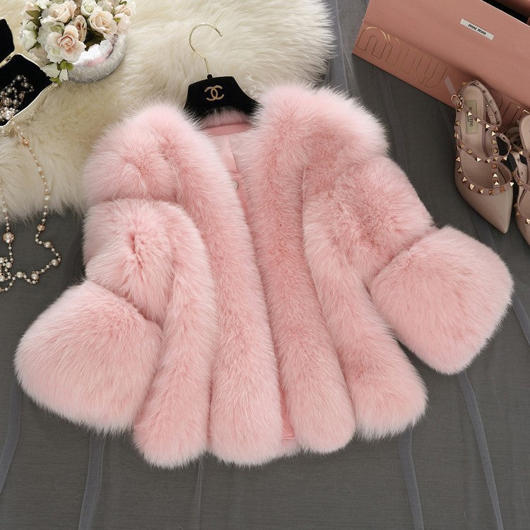 Dam Fluffy Konstpäls Kappa med Bred Skärning Ärmar
