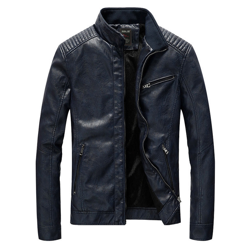 Herr Slim-Fit Konstläder Moto Jacka med Ståkrage, Quiltad Axel Yoke och Zip Fickor