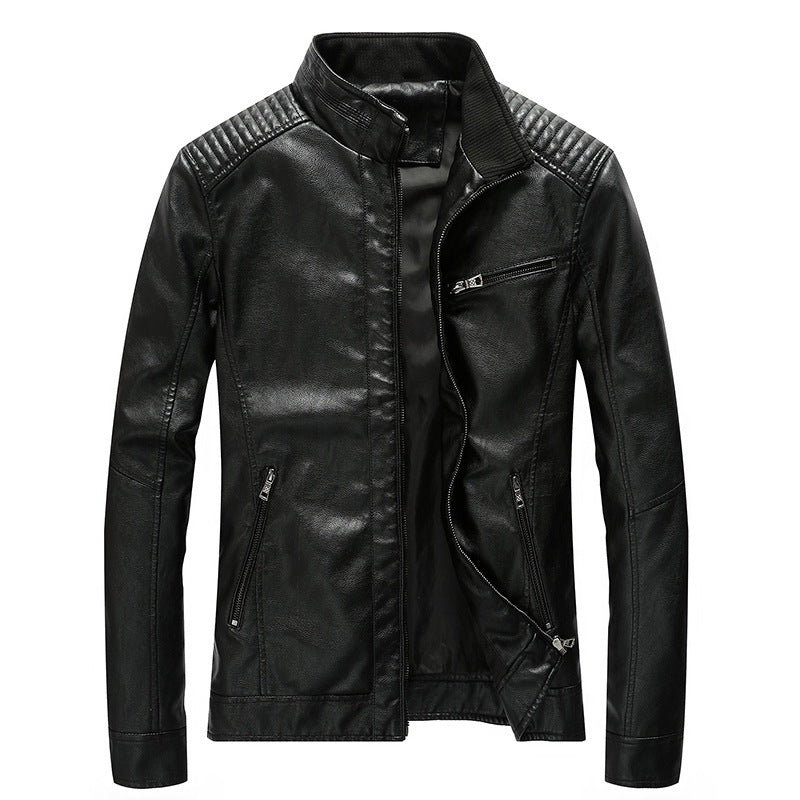 Herr Slim-Fit Konstläder Moto Jacka med Ståkrage, Quiltad Axel Yoke och Zip Fickor