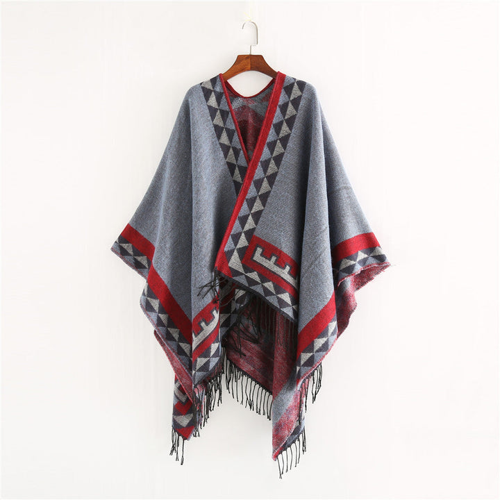 Dam Geometric ullblandning Wrap poncho med Fringes och kontrast Borders