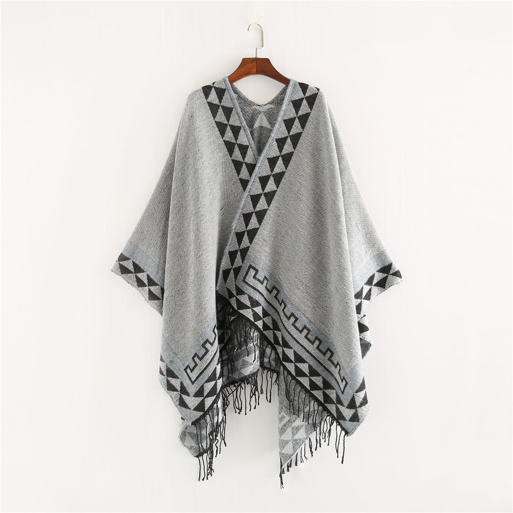 Dam Geometric ullblandning Wrap poncho med Fringes och kontrast Borders