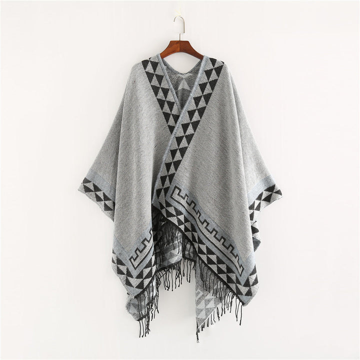Dam Geometric ullblandning Wrap poncho med Fringes och kontrast Borders