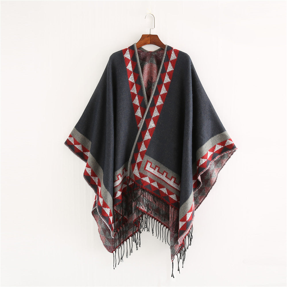 Dam Geometric ullblandning Wrap poncho med Fringes och kontrast Borders