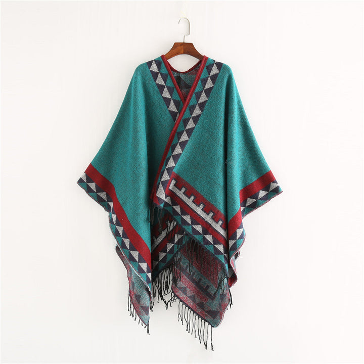 Dam Geometric ullblandning Wrap poncho med Fringes och kontrast Borders