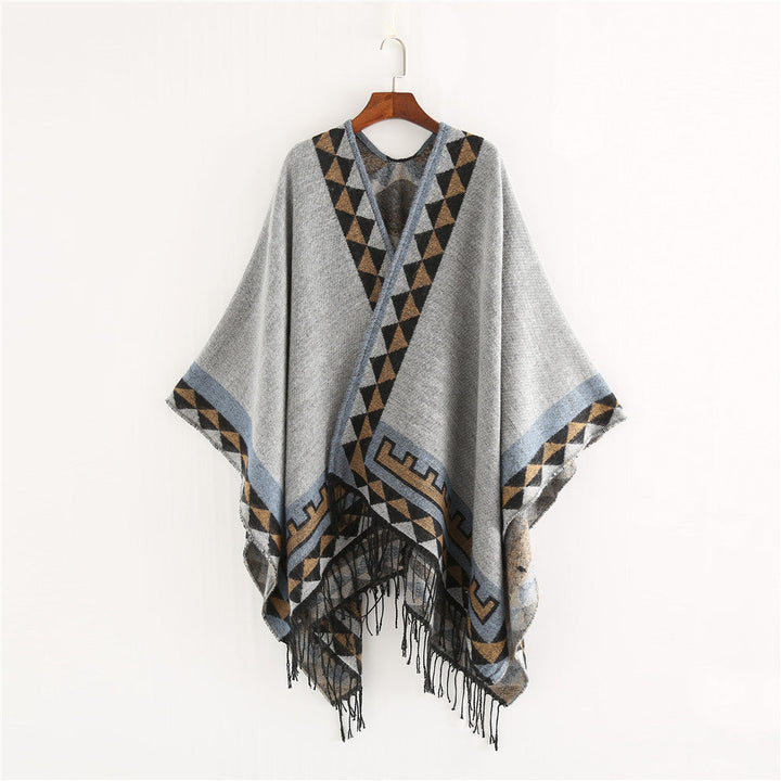 Dam Geometric ullblandning Wrap poncho med Fringes och kontrast Borders