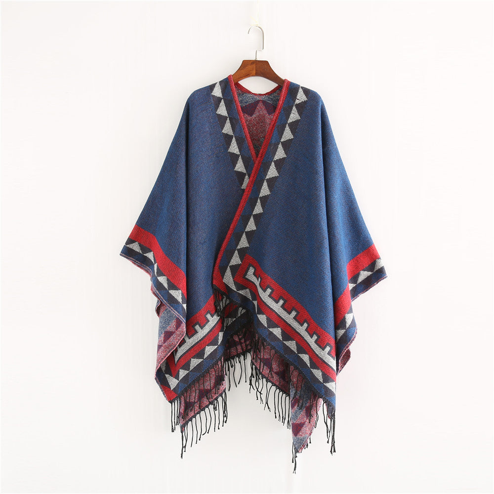Dam Geometric ullblandning Wrap poncho med Fringes och kontrast Borders
