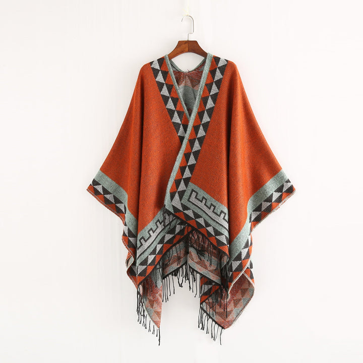 Dam Geometric ullblandning Wrap poncho med Fringes och kontrast Borders
