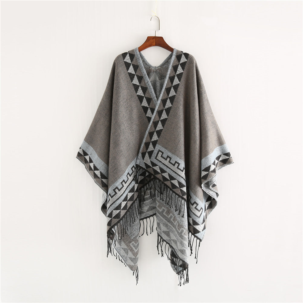 Dam Geometric ullblandning Wrap poncho med Fringes och kontrast Borders