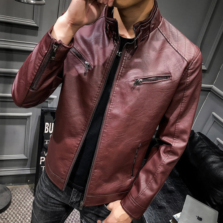Herr Konstläder Moto Jacka i Aviator Stil med Stående Krage och Funktionell Dragkedjor