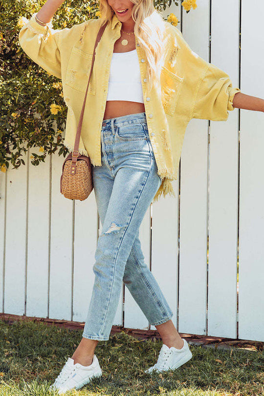 | Revers Lång ärm Ripped denimjacka