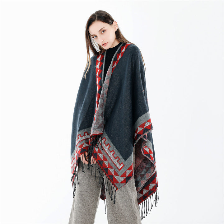 Dam Geometric ullblandning Wrap poncho med Fringes och kontrast Borders
