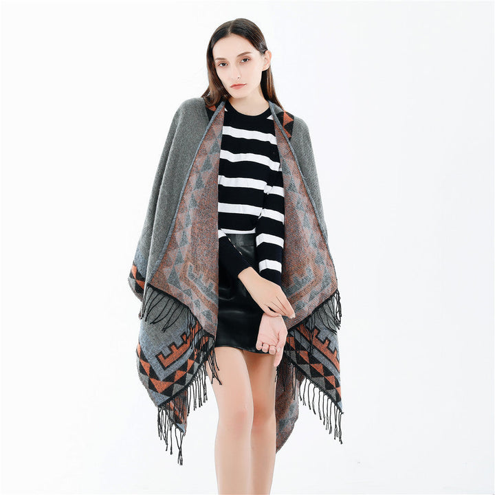 Dam Geometric ullblandning Wrap poncho med Fringes och kontrast Borders